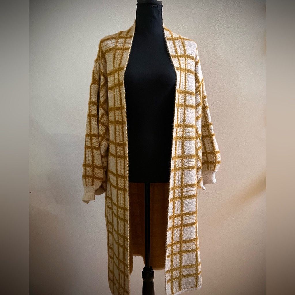 Lola Cream, Tan And Mustard Yellow Checkered Cardigan